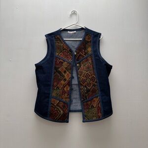 Vintage - Denim and Tapestry Patchwork Vest with Brass Buttons